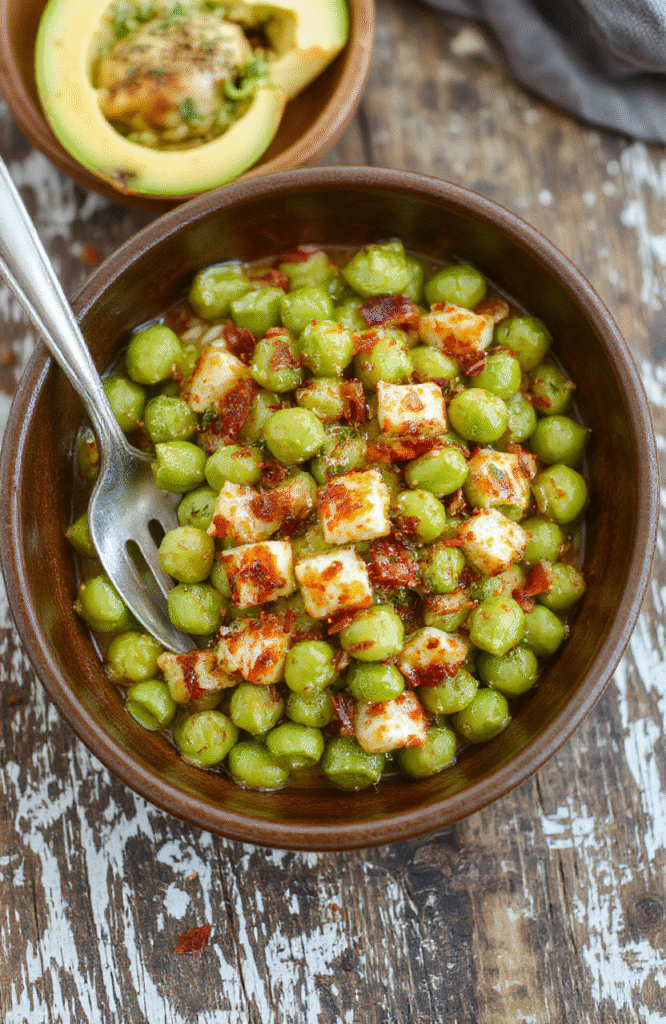 A vibrant plate of bright green peas garnished with fresh herbs, served in a stylish white bowl on a rustic wooden table. The peas look tender and slightly glossy, with a sprinkle of herbs adding a pop of color. The background features warm holiday-themed decor, creating a cozy and inviting atmosphere perfect for Thanksgiving.