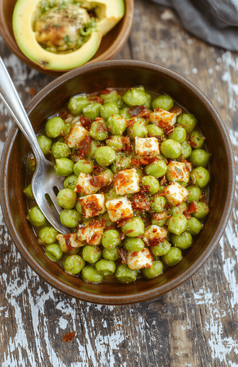 A vibrant plate of bright green peas garnished with fresh herbs, served in a stylish white bowl on a rustic wooden table. The peas look tender and slightly glossy, with a sprinkle of herbs adding a pop of color. The background features warm holiday-themed decor, creating a cozy and inviting atmosphere perfect for Thanksgiving.