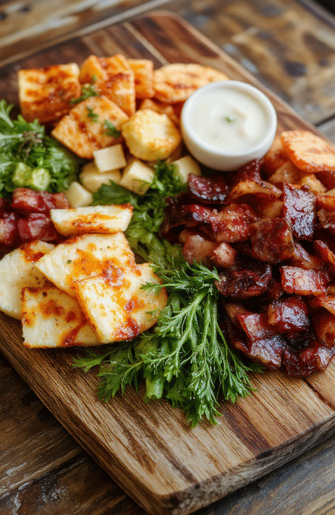 A vibrant charcuterie board featuring an assortment of cheeses, cured meats, fresh fruits, nuts, and crackers, arranged artfully on a rustic wooden serving platter. The colors range from creamy whites to deep reds, with green grapes and colorful sliced vegetables adding contrast. Soft lighting highlights the textures of the meats and cheeses, creating an inviting and appetizing scene perfect for entertaining.