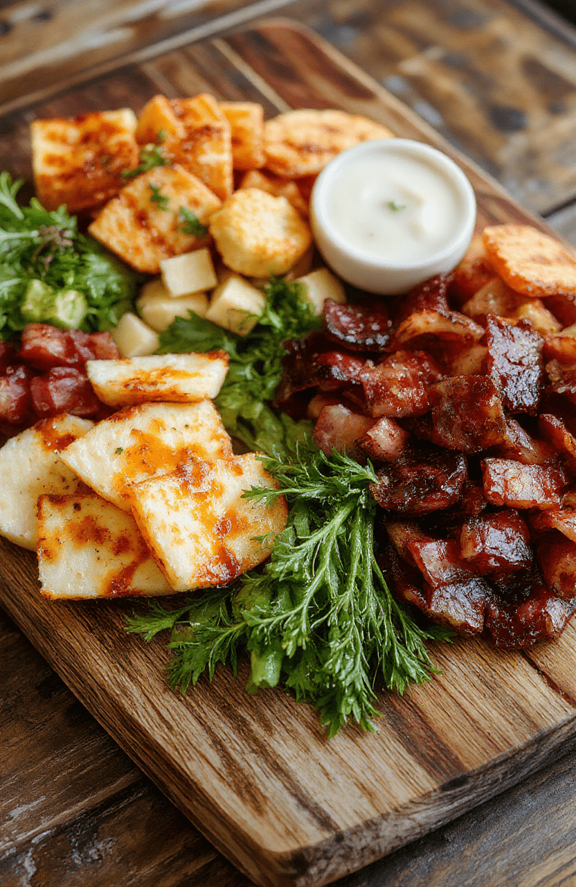 A vibrant charcuterie board featuring an assortment of cheeses, cured meats, fresh fruits, nuts, and crackers, arranged artfully on a rustic wooden serving platter. The colors range from creamy whites to deep reds, with green grapes and colorful sliced vegetables adding contrast. Soft lighting highlights the textures of the meats and cheeses, creating an inviting and appetizing scene perfect for entertaining.