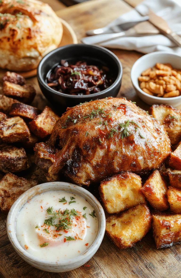 A vibrant plate featuring golden roasted turkey, fluffy cornbread stuffing, green beans casserole topped with crispy onions, and sweet cranberry sauce on a rustic wooden table, styled with seasonal fall decor, warm lighting, and textured ceramic dishes, creating an inviting holiday feast.