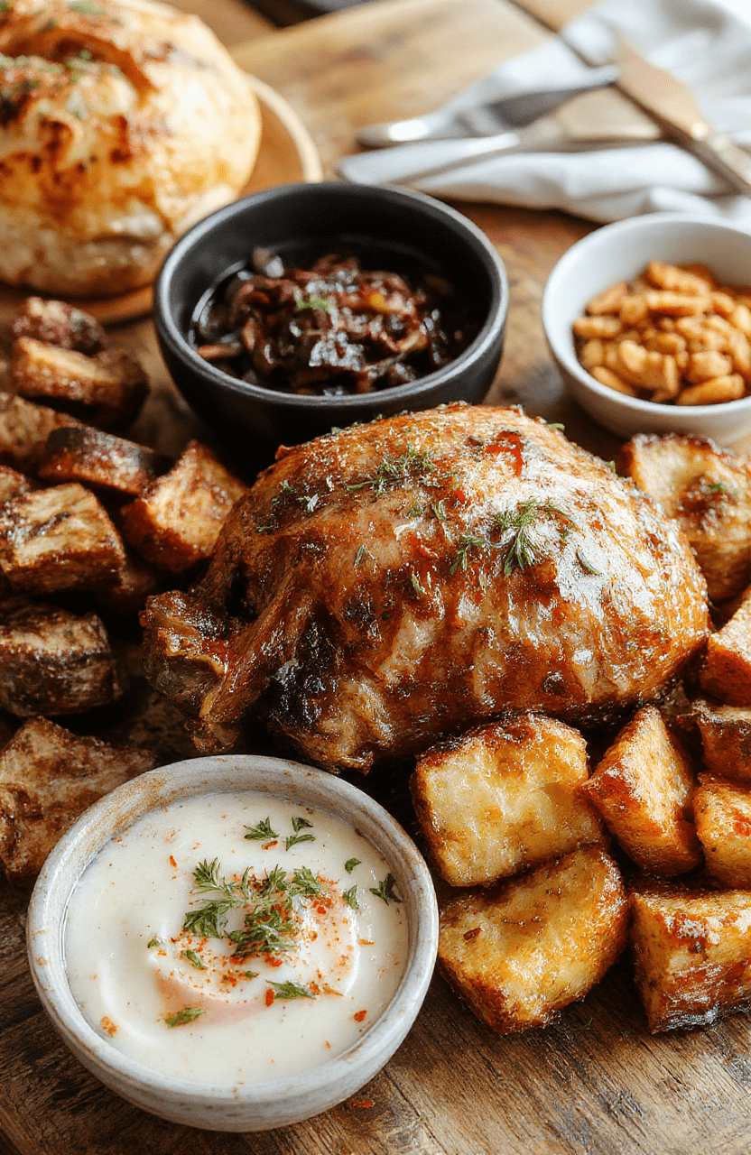 A vibrant plate featuring golden roasted turkey, fluffy cornbread stuffing, green beans casserole topped with crispy onions, and sweet cranberry sauce on a rustic wooden table, styled with seasonal fall decor, warm lighting, and textured ceramic dishes, creating an inviting holiday feast.