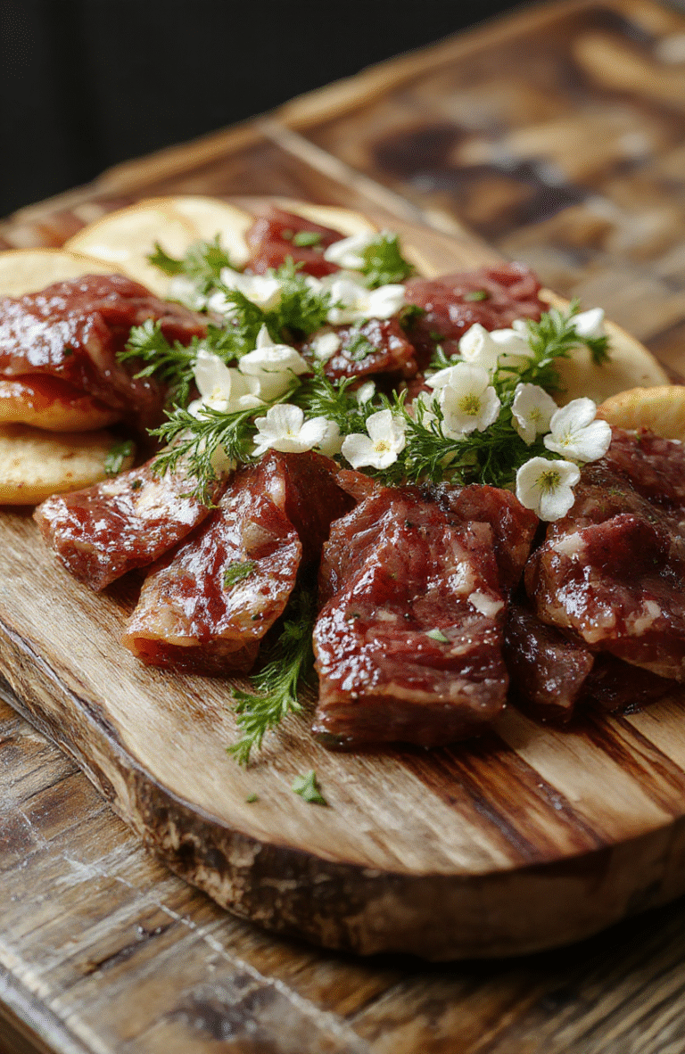 Colorful charcuterie meat flowers arranged on a wooden serving platter, featuring thinly sliced meats, fresh herbs, and edible flowers, styled with elegant garnishes, vibrant reds, pinks, greens, and delicate textures