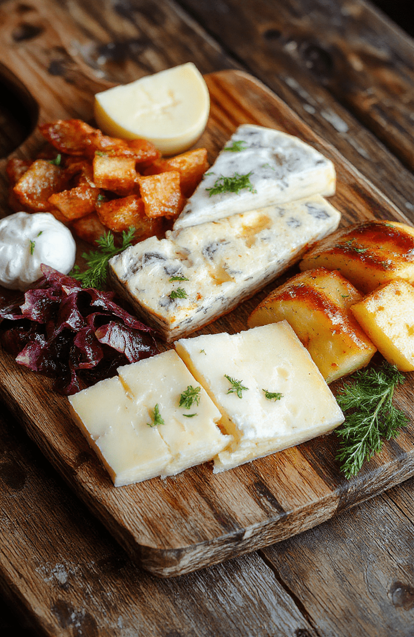 Colorful cheese board featuring assorted cheeses, cured meats, fresh fruits, nuts, and crackers arranged artistically on a rustic wooden surface, with a backdrop of elegant serving utensils and greenery, textured cheeses and vibrant produce creating an inviting and sophisticated presentation.