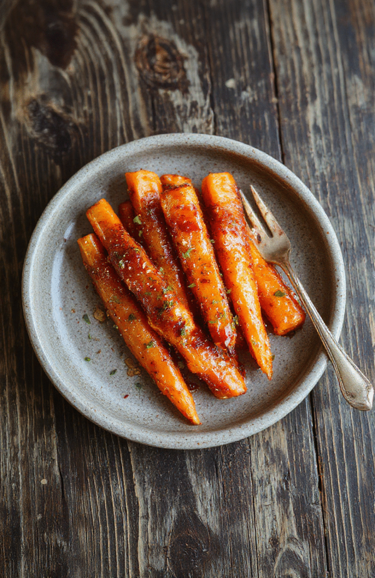 A vibrant plate of glazed carrots with a glossy, caramelized sheen, garnished with fresh herbs, presented on a rustic wooden table with autumnal hues