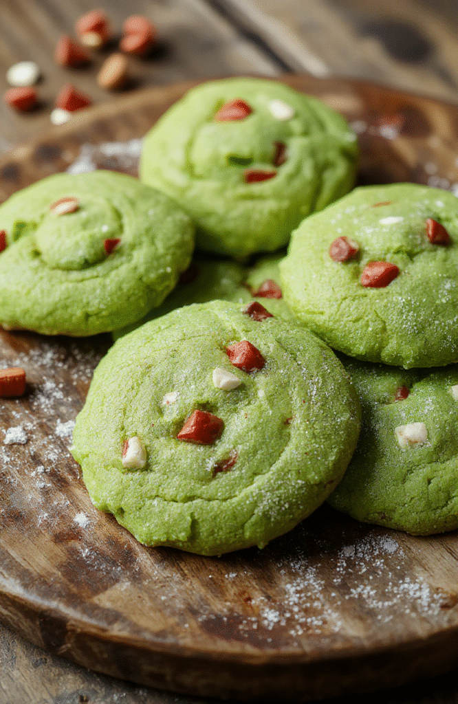 Colorful festive Grinch cookies featuring green frosting, red and white edible accents, holiday-themed sprinkles, presented on a rustic wooden platter with holiday decorations in the background.