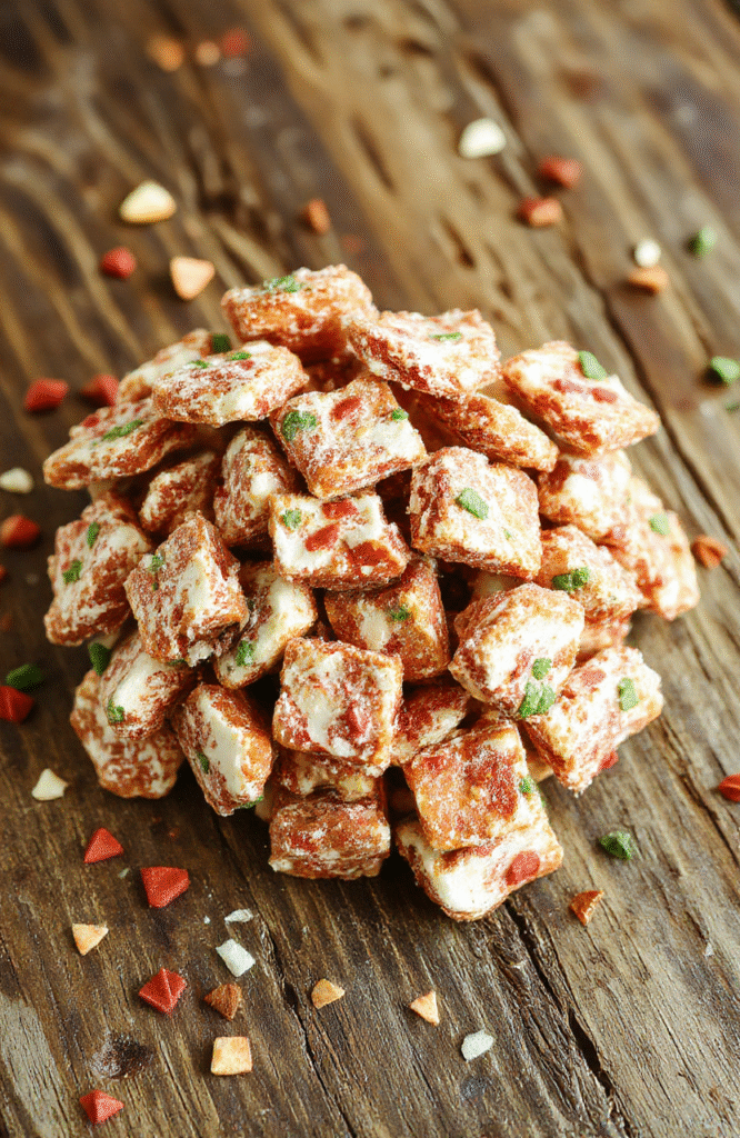 A vibrant bowl of colorful puppy chow with red and green candy coated chocolates and powdered sugar, surrounded by holiday-themed decorations on a rustic wooden surface, creating a cheerful and festive holiday vibe.