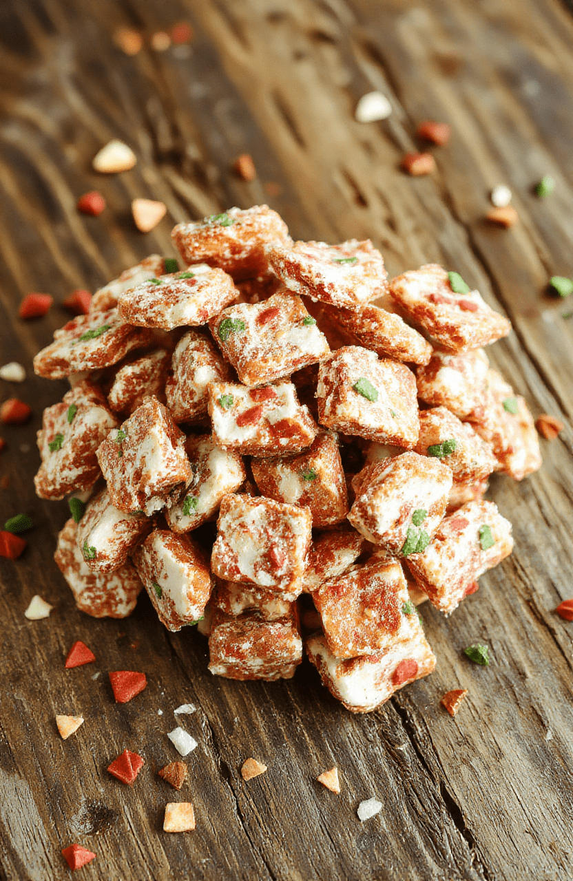 A vibrant bowl of colorful puppy chow with red and green candy coated chocolates and powdered sugar, surrounded by holiday-themed decorations on a rustic wooden surface, creating a cheerful and festive holiday vibe.