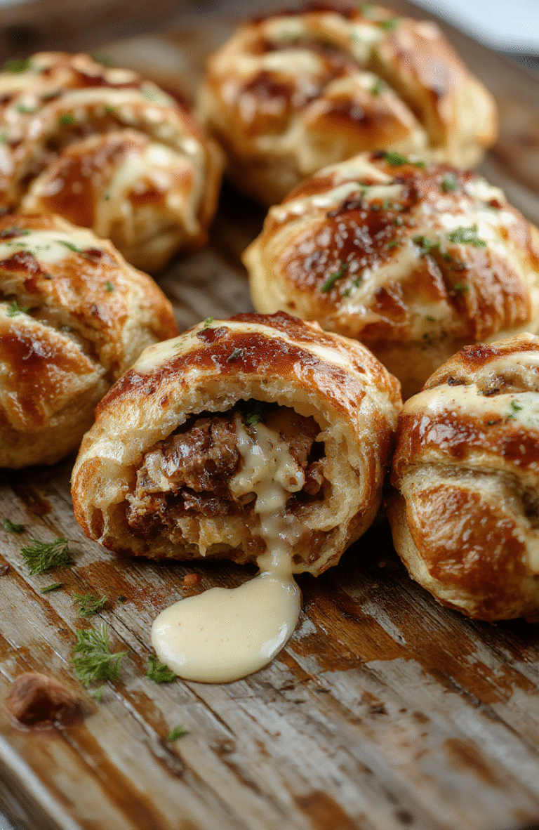 Golden flaky croissants overflowing with melted cheese and tender beef, arranged on a rustic white plate with fresh herbs, textured layers visible, styled for a cozy brunch setting
