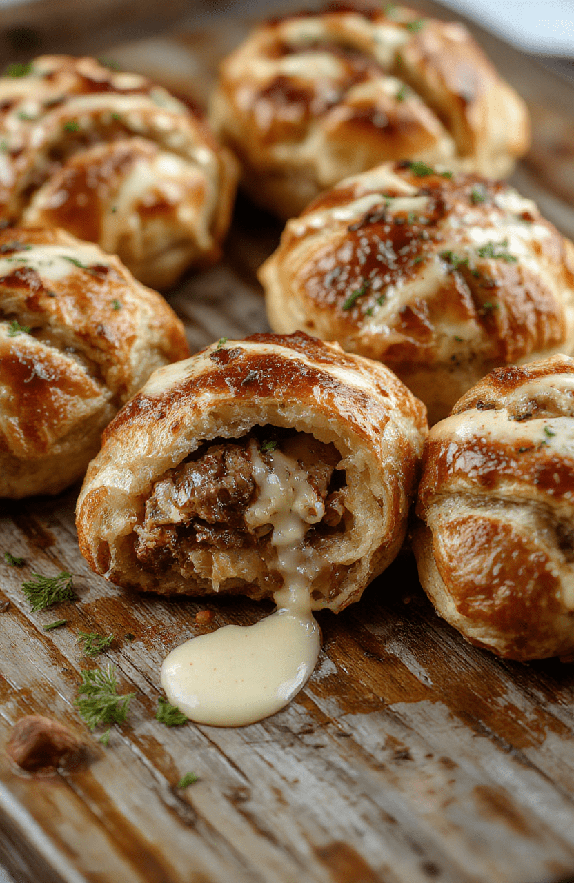 Golden flaky croissants overflowing with melted cheese and tender beef, arranged on a rustic white plate with fresh herbs, textured layers visible, styled for a cozy brunch setting