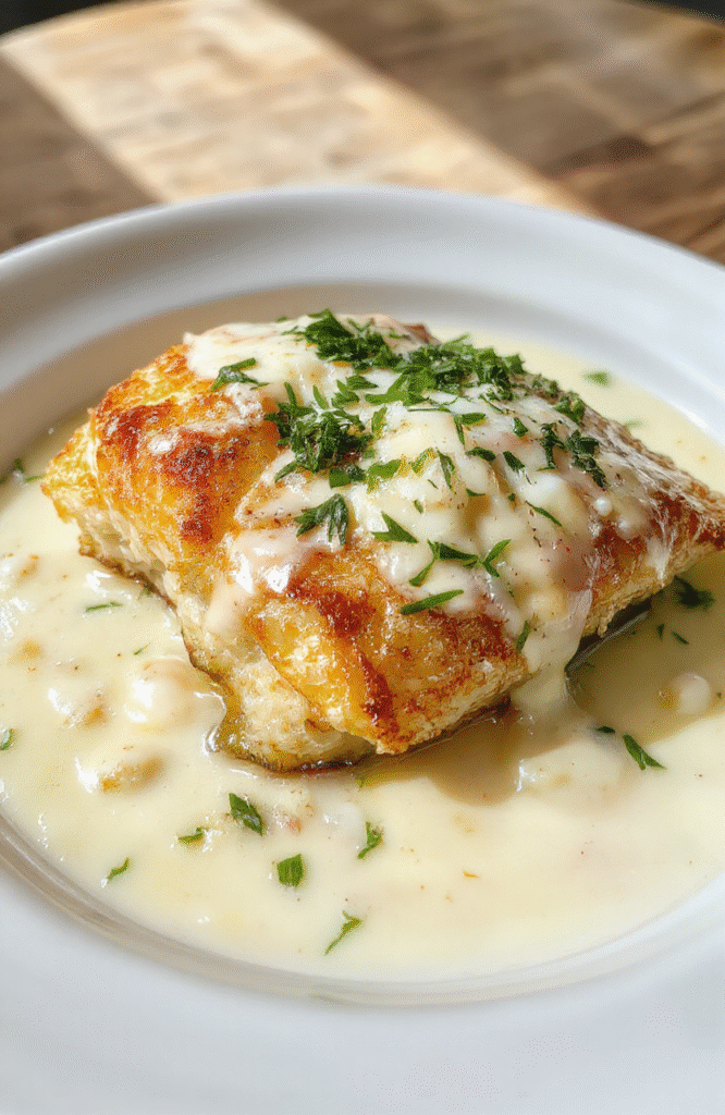 A beautifully plated flaky baked cod fillet topped with a vibrant coconut lemon cream sauce, garnished with lemon slices and fresh herbs, served on a white ceramic plate with a light background, highlighting the crispy edges and tender interior of the fish, with a spoonful of sauce draped over the fillet.
