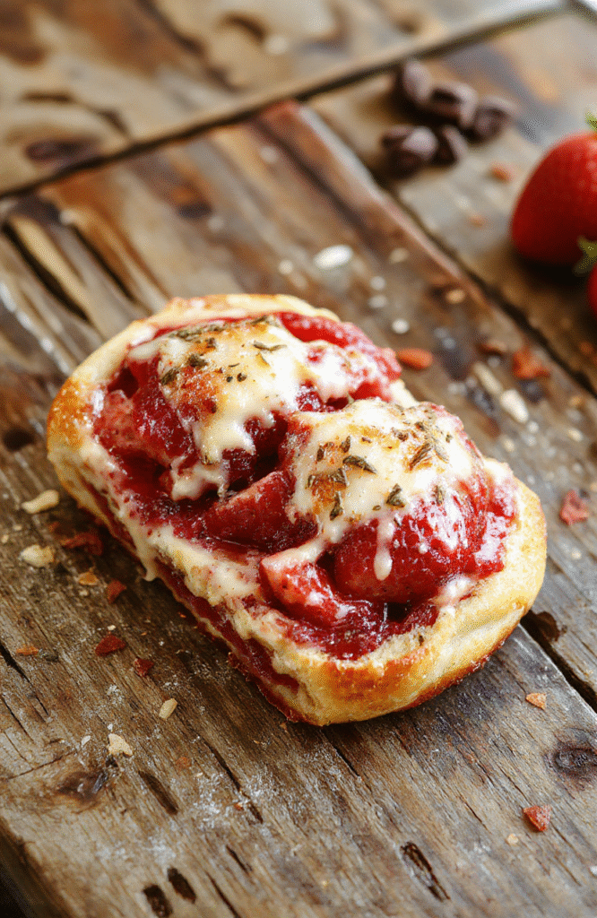 A beautifully arranged flaky strawberry Danish on a rustic wooden plate, topped with fresh sliced strawberries and a dusting of powdered sugar, with visible layers of golden puff pastry and creamy cheese filling, styled with a few whole strawberries and mint leaves for garnish, vibrant colors and inviting texture.