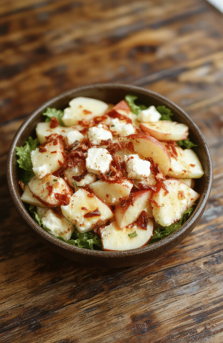 A vibrant apple feta salad served on a white ceramic plate, featuring crisp apple slices, crumbled feta cheese, mixed greens, and a drizzle of vinaigrette. Bright red and green apples contrast with creamy white feta, garnished with walnuts and fresh herbs. The background showcases a rustic wooden table with soft natural lighting highlighting the textures and colors.