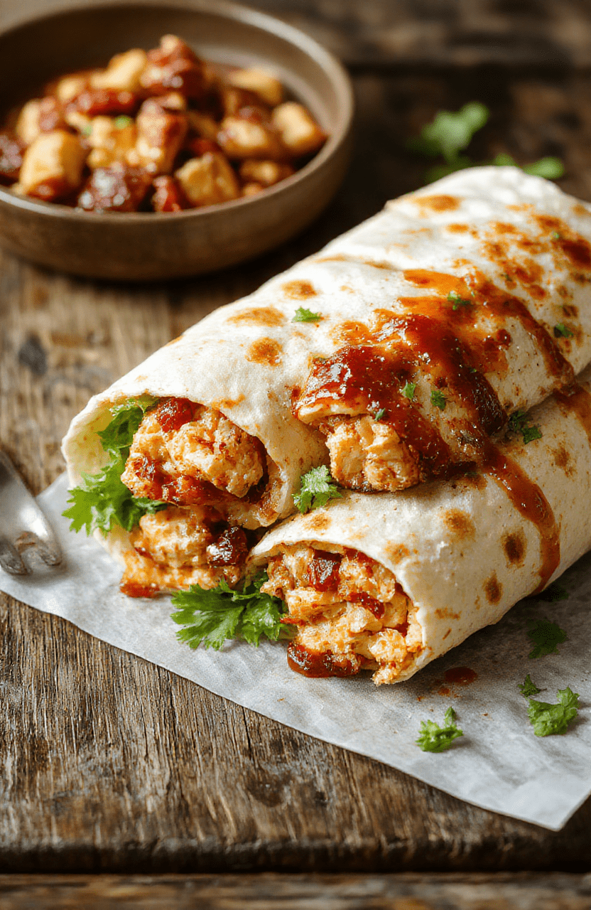 A vibrant plate of homemade BBQ chicken wraps featuring golden toasted tortillas filled with tender grilled chicken coated in smoky barbecue sauce, crisp fresh lettuce, ripe tomato slices, and melted cheese, arranged neatly on a rustic wooden surface with a colorful background for a fresh, appetizing look.