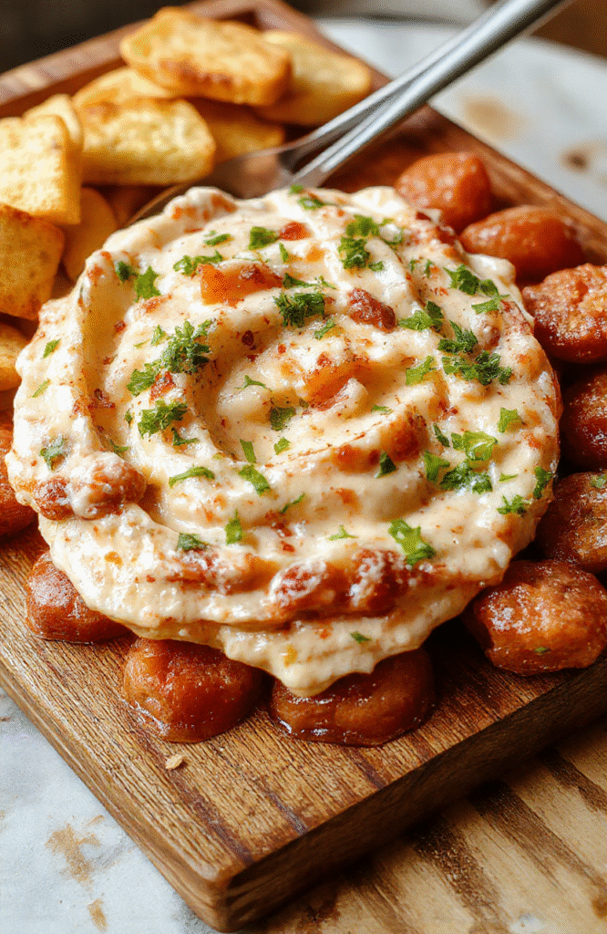 A vibrant bowl of bruschetta dip filled with diced tomatoes, fresh basil, and garlic, garnished with olive oil and served alongside crispy toasted baguette slices, colorful and inviting, with textures of chunky tomato and smooth dip, styled on a rustic wooden platter with a soft focus background.