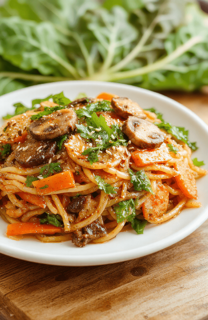 Colorful japchae noodles arranged on a white ceramic plate, garnished with sliced carrots, spinach, shiitake mushrooms, and sesame seeds, styled simply with a spring cabbage background and soft natural lighting highlighting the glossy texture of the noodles.
