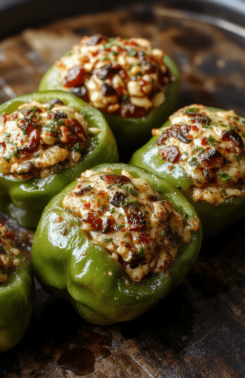 Colorful stuffed bell peppers filled with a savory mixture of rice, vegetables, and melted cheese, arranged on a rustic wooden plate with fresh herbs. The peppers are vibrant red, yellow, and green, with a slightly browned cheesy topping, styled simply with a natural, inviting backdrop.