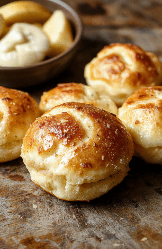 Golden-brown fluffy garlic rolls arranged on a rustic wooden platter, glazed with garlic and herbs, soft texture visible, with a hint of melted butter and fresh parsley, styled casually for a warm, inviting atmosphere