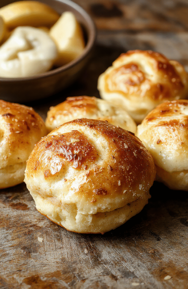 Golden-brown fluffy garlic rolls arranged on a rustic wooden platter, glazed with garlic and herbs, soft texture visible, with a hint of melted butter and fresh parsley, styled casually for a warm, inviting atmosphere