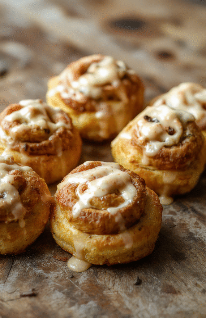 A golden-brown pumpkin rolls with a fluffy texture, topped with a light glaze, arranged on a rustic wooden platter with cinnamon sticks and pumpkin slices in the background, warm autumn colors, inviting and decadent.