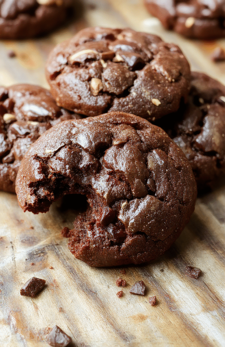 A close-up of decadent fudgy brownie cookies arranged on a rustic wooden platter, showcasing their rich dark chocolate color, glossy tops, and chewy texture, with some broken to reveal the dense, gooey interior, styled with a few chocolate chips for visual appeal.