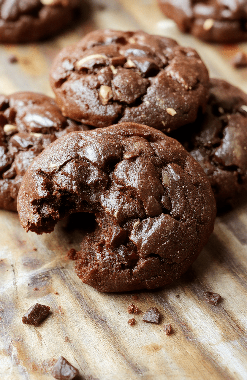A close-up of decadent fudgy brownie cookies arranged on a rustic wooden platter, showcasing their rich dark chocolate color, glossy tops, and chewy texture, with some broken to reveal the dense, gooey interior, styled with a few chocolate chips for visual appeal.