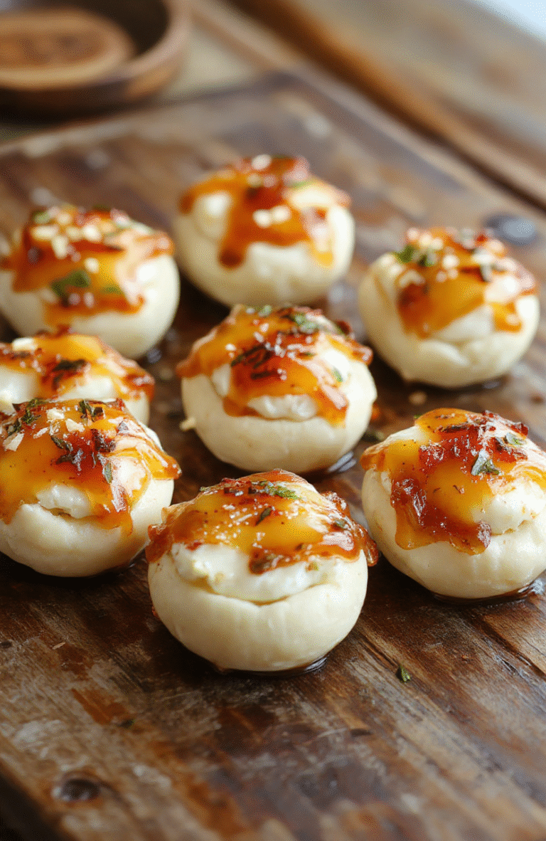 A close-up of elegant goat cheese honey bites arranged on a white ceramic plate. The bites consist of creamy goat cheese topped with golden honey, garnished with fresh herbs, and served on a rustic wooden surface. The textures are smooth and creamy with a glossy honey finish, and the presentation is inviting and sophisticated, perfect for entertaining.