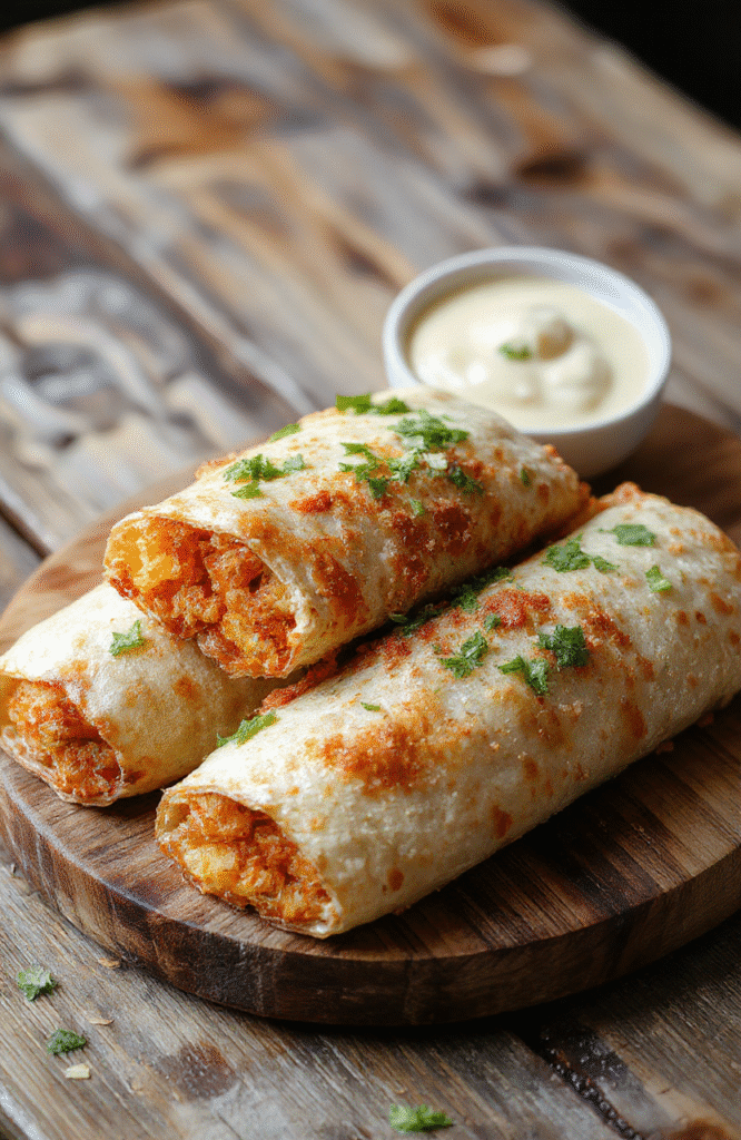 A plate of golden-brown, crispy taquitos arranged neatly on a rustic wooden surface, garnished with fresh cilantro and a side of creamy dipping sauce, showcasing their crunchy texture and flavorful filling.