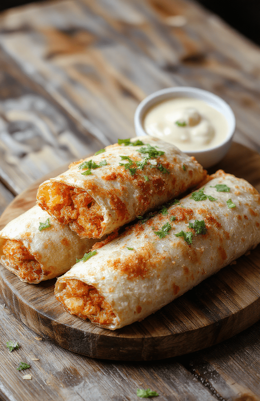 A plate of golden-brown, crispy taquitos arranged neatly on a rustic wooden surface, garnished with fresh cilantro and a side of creamy dipping sauce, showcasing their crunchy texture and flavorful filling.