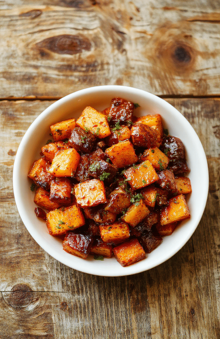 A colorful plate featuring golden roasted sweet potatoes and vibrant orange carrots arranged neatly, garnished with fresh herbs, served on a rustic wooden table with natural lighting highlighting the textures and crispy edges.