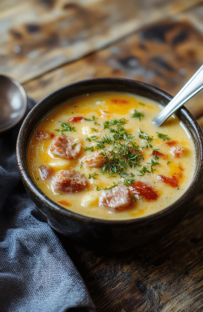 A vibrant bowl of hearty kielbasa soup featuring slices of smoked kielbasa, colorful vegetables, and herbs in a rustic bowl on a wooden table, steam rising, with a cozy, inviting atmosphere.