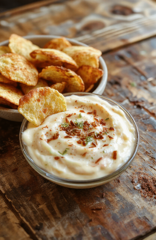 A vibrant bowl of creamy apple dip topped with cinnamon spices, surrounded by crispy cinnamon chips on a rustic wooden surface, with a drizzle of caramel sauce and fresh apple slices, styled in warm, inviting tones.