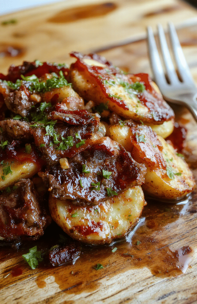 A close-up of a rustic plate featuring tender beef chunks and crispy bacon slices atop golden roasted potatoes, garnished with fresh herbs. The dish has a rich, savory appearance with a crispy texture on the bacon and smooth, fluffy potatoes, styled simply on a dark wooden table with natural lighting highlighting the juicy meat and crispy edges.
