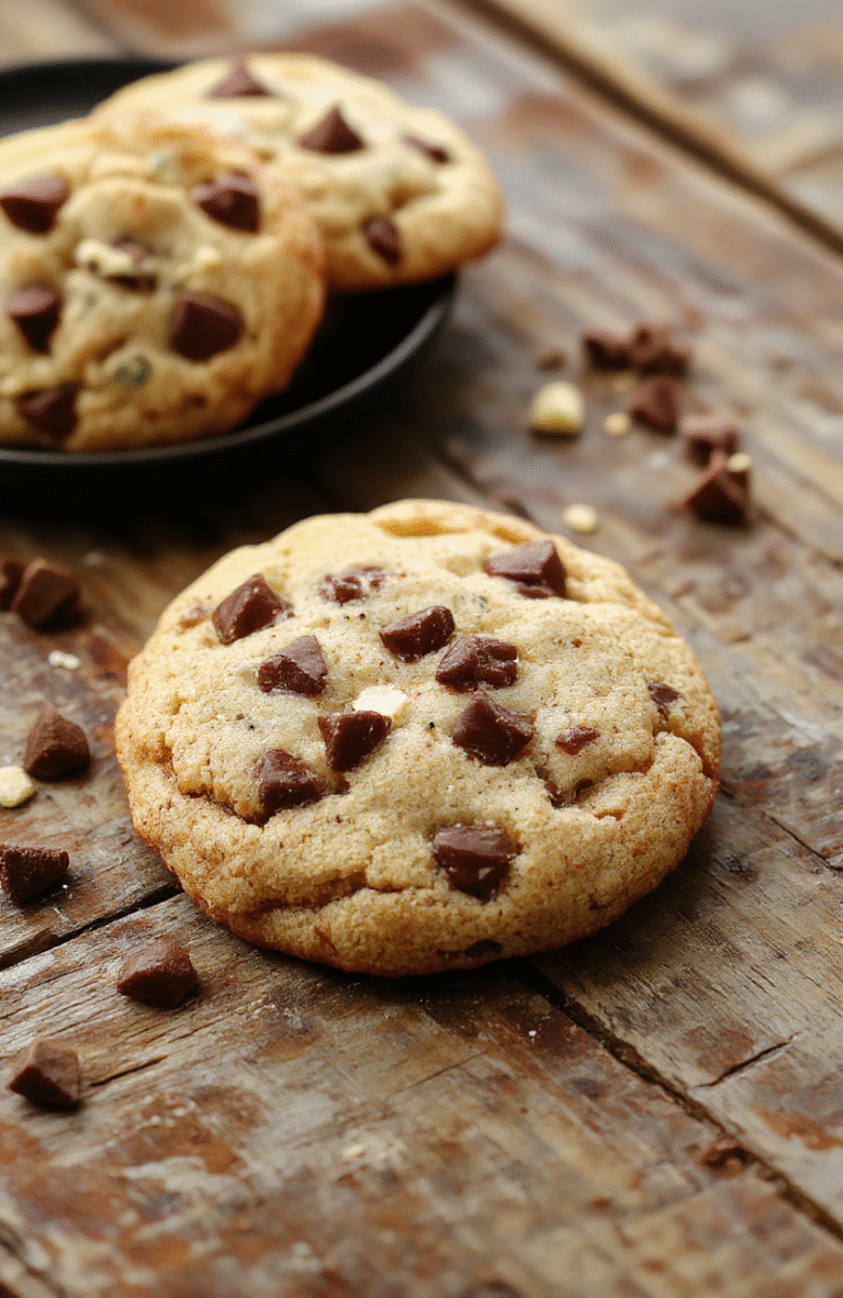 A rustic wooden table featuring a stack of golden-brown cowboy cookies with visible chocolate chunks and nuts, topped with a sprinkle of sea salt, styled with a glass of cold milk in the background, warm natural lighting highlights the rich textures and inviting appearance.