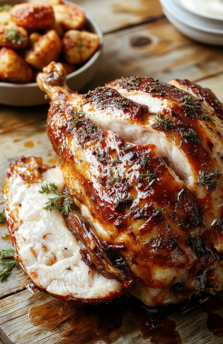 A beautifully roasted, golden-brown turkey resting on a white platter, garnished with fresh herbs and citrus slices, surrounded by seasonal vegetables, with a crispy skin texture and juicy interior visible. The presentation is elegant yet inviting, perfect for a holiday feast.