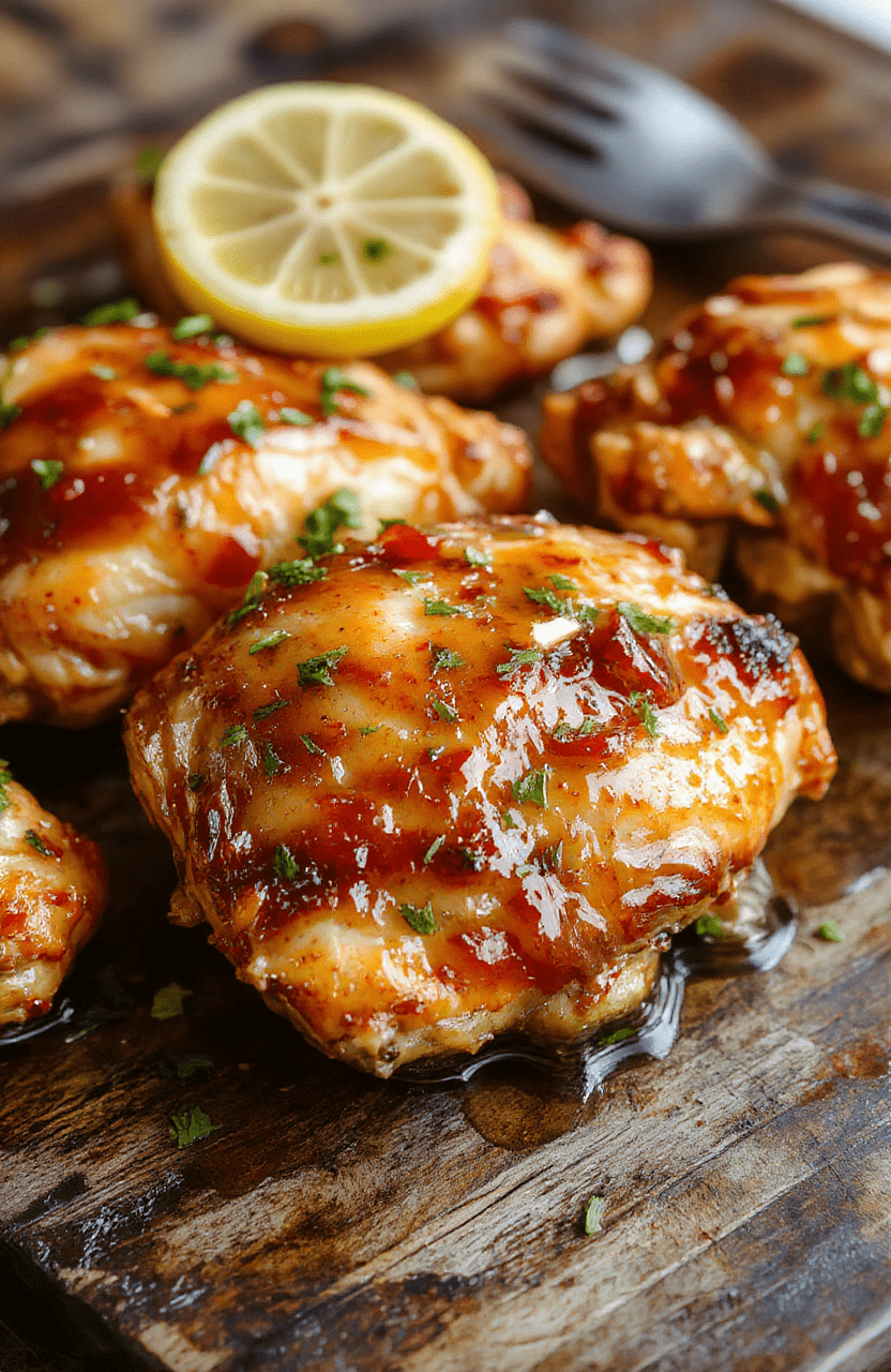 A vibrant plate of lemon honey glazed chicken arranged beautifully, featuring golden-brown chicken breasts drizzled with glossy lemon honey sauce, garnished with fresh lemon slices and herbs, on a rustic wooden table with a light-colored surface, with a backdrop of fresh herbs and citrus fruits, highlighting textures and colors vividly.