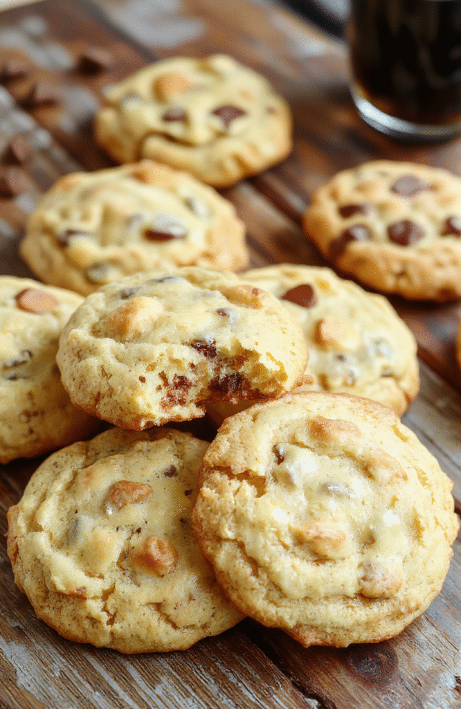 A tray of golden-brown butterbeer cookies decorated with a light drizzle of caramel and whipped cream, arranged neatly on a rustic wooden surface with a cozy background.