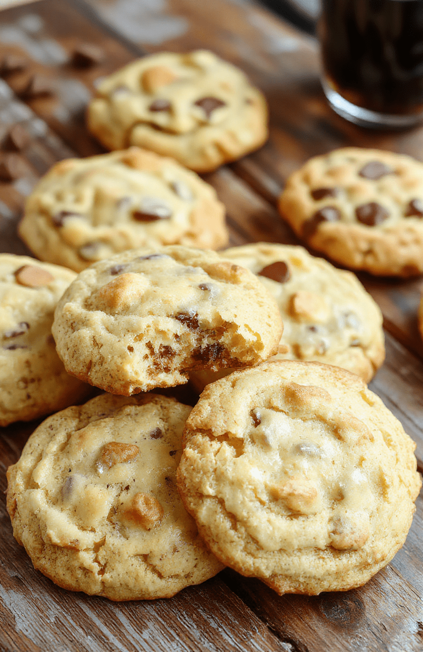 A tray of golden-brown butterbeer cookies decorated with a light drizzle of caramel and whipped cream, arranged neatly on a rustic wooden surface with a cozy background.