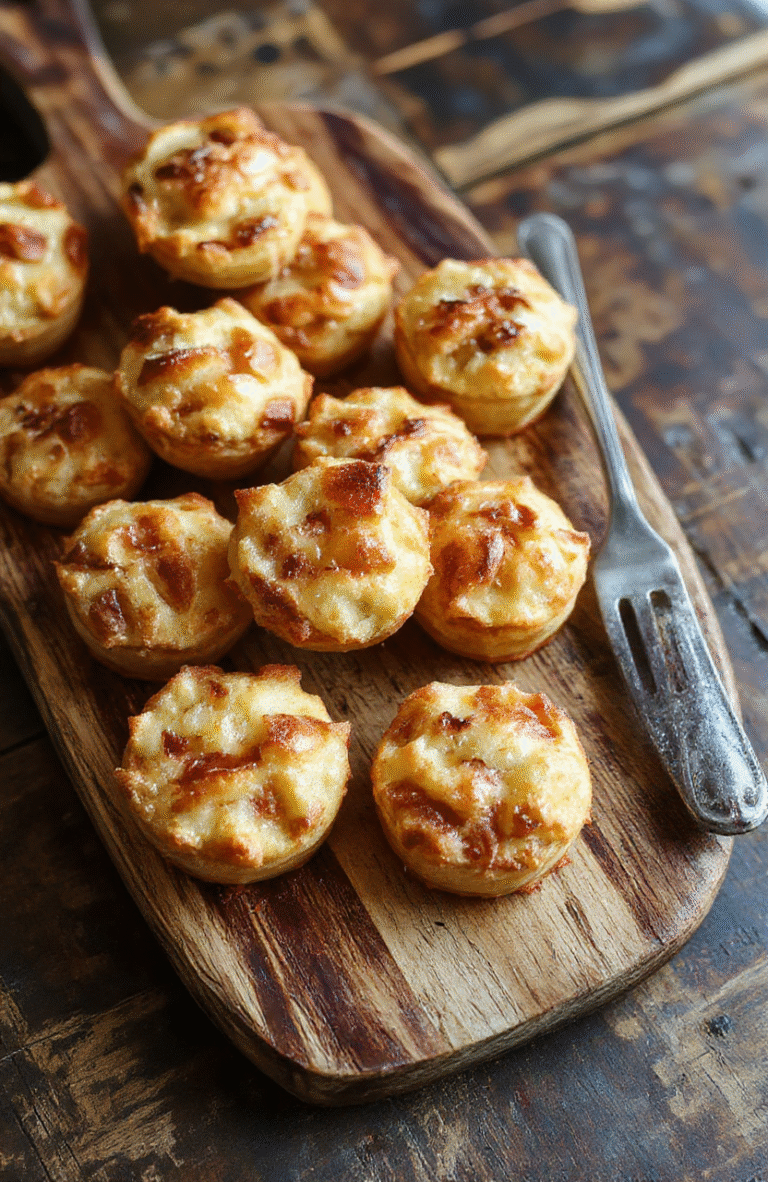 A close-up of golden mini apple pies with flaky crusts filled with cinnamon-spiced apple filling, arranged on a rustic wooden platter, with a sprinkle of powdered sugar and fresh apple slices in the background. The vibrant colors and textures highlight the crispy crusts and juicy filling, styled casually for an inviting, homemade feel.