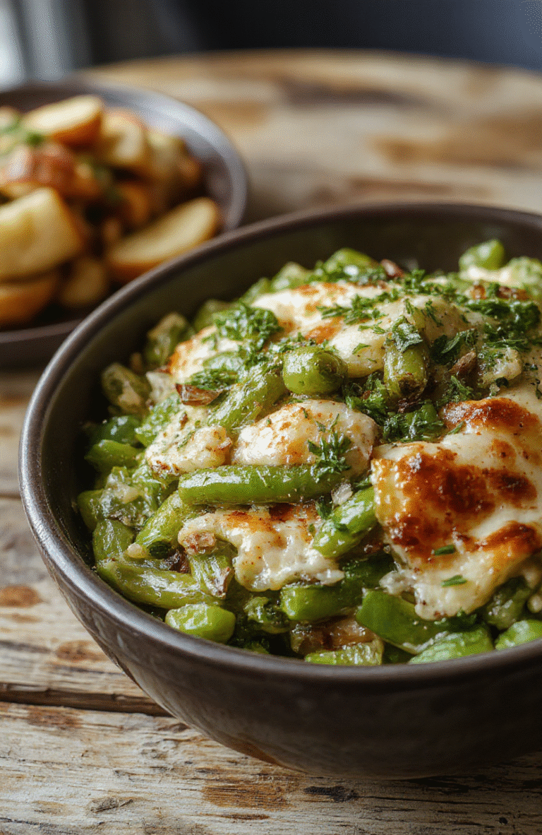 A vibrant green bean casserole plated on a rustic wooden table. The casserole features bright green beans topped with crispy golden fried onions and a creamy sauce. Light natural lighting highlights the textures and colors, with a blurred holiday-themed background.
