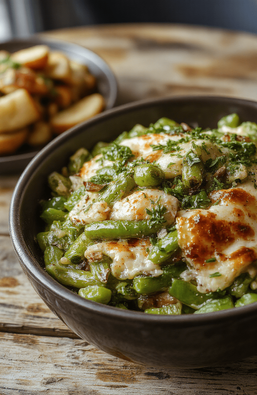 A vibrant green bean casserole plated on a rustic wooden table. The casserole features bright green beans topped with crispy golden fried onions and a creamy sauce. Light natural lighting highlights the textures and colors, with a blurred holiday-themed background.