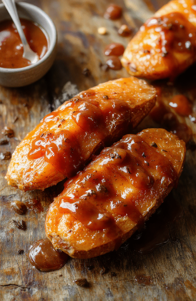 A colorful plate of golden-brown candied yams topped with glossy caramel sauce, garnished with chopped pecans and sprigs of thyme, arranged on a rustic wooden table with warm ambient lighting, emphasizing the caramel-glazed texture and vibrant orange hue of the yams