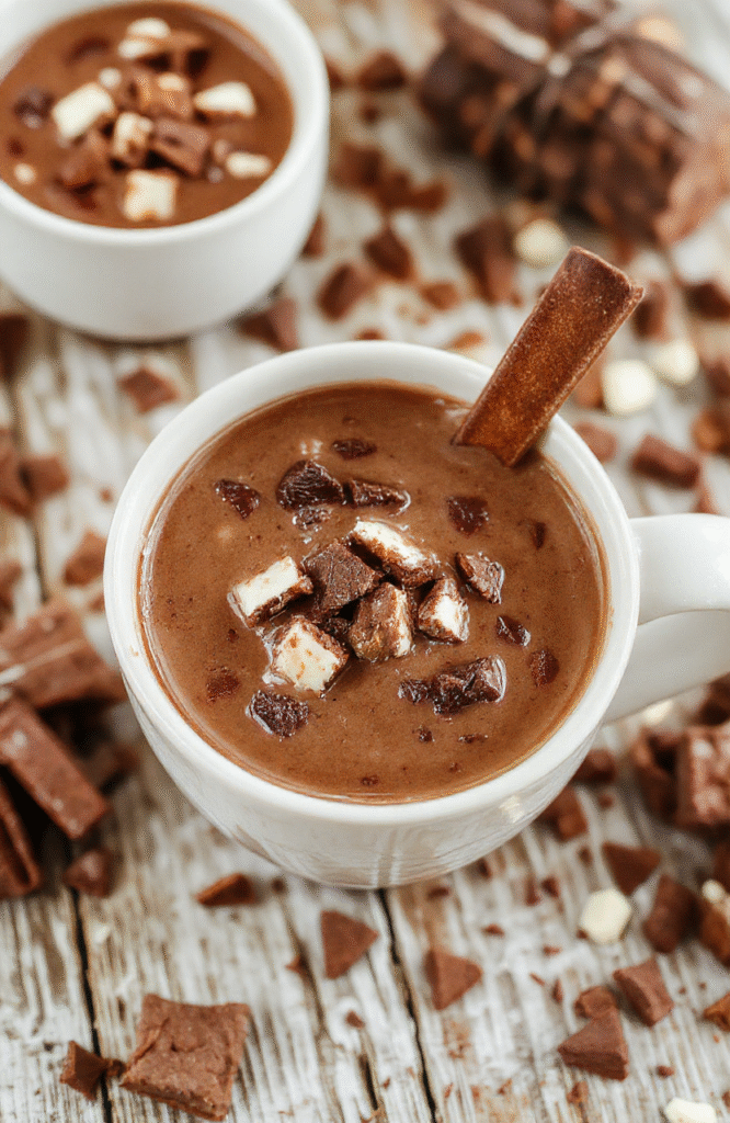 A vibrant and inviting hot chocolate bar setup featuring a variety of chocolate options, marshmallows, whipped creams, and toppings beautifully arranged on a rustic wooden table, with festive mugs and seasonal decor adding warmth. The colors are rich browns, creamy whites, and bright pops from toppings, styled for an easy and elegant party atmosphere.