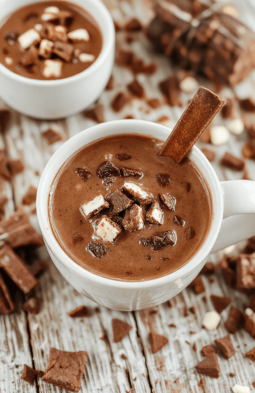 A vibrant and inviting hot chocolate bar setup featuring a variety of chocolate options, marshmallows, whipped creams, and toppings beautifully arranged on a rustic wooden table, with festive mugs and seasonal decor adding warmth. The colors are rich browns, creamy whites, and bright pops from toppings, styled for an easy and elegant party atmosphere.