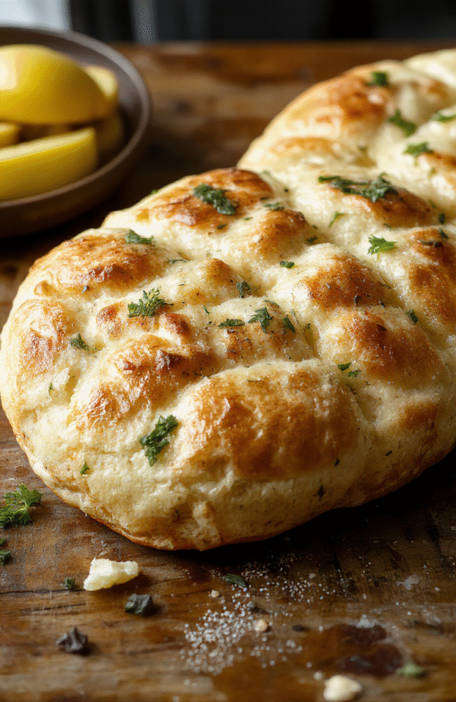 A golden-brown, savory garlic focaccia bread with a soft, airy interior topped with toasted garlic slices and fresh herbs, presented on a rustic wooden platter with a sprinkling of sea salt, styled naturally with a casual, inviting vibe.