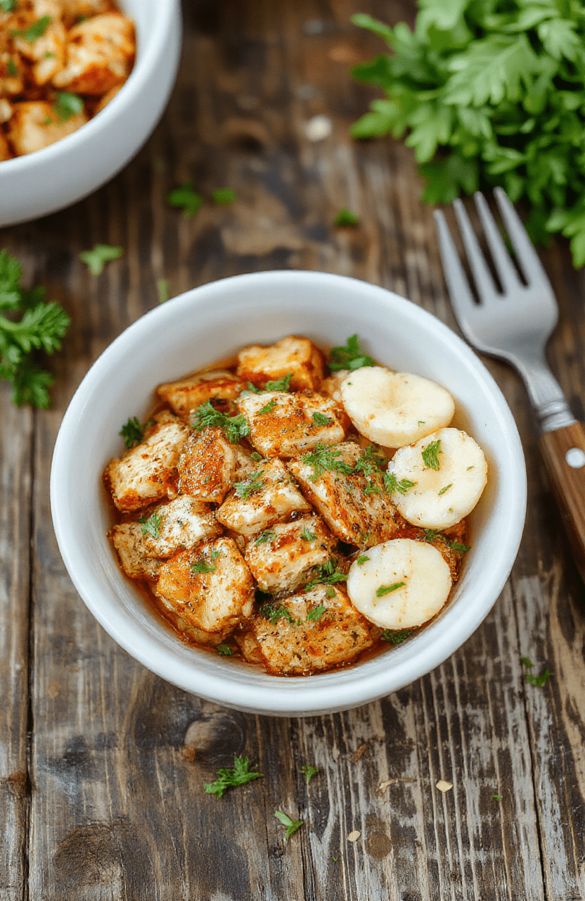 A vibrant chicken sweet potato bowl featuring roasted sweet potatoes, tender grilled chicken slices, fresh greens, and a drizzle of sauce, all beautifully plated on a rustic wooden surface with natural lighting, showcasing a colorful and appetizing healthy meal.