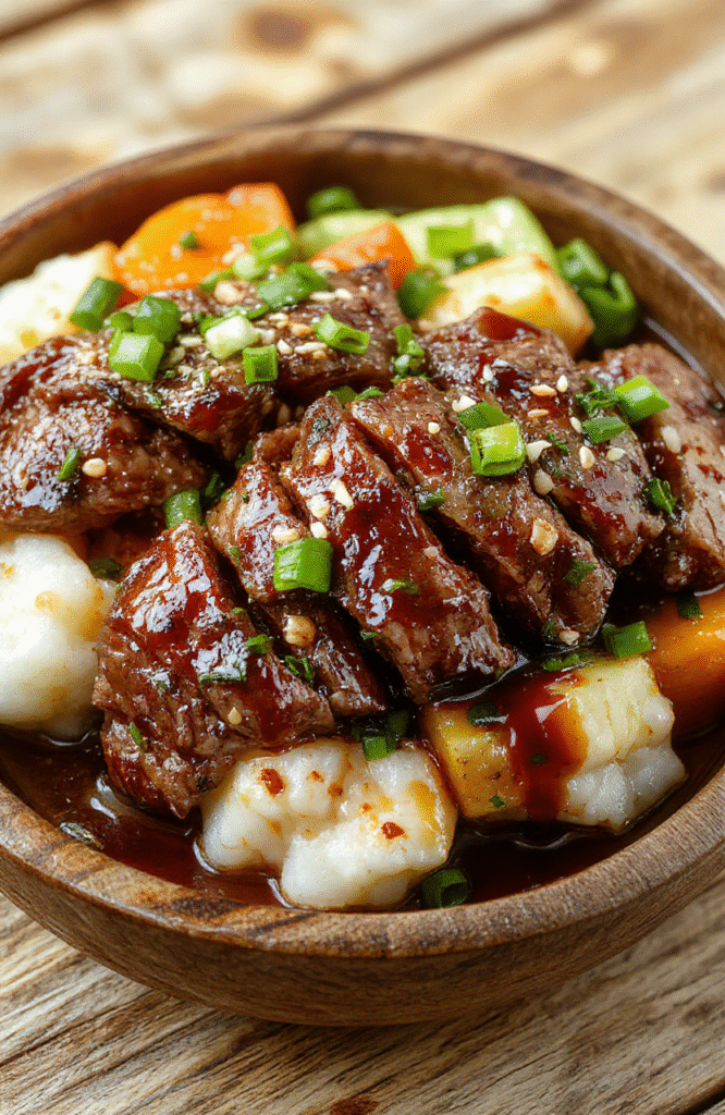 A vibrant hibachi steak bowl featuring sliced tender steak glazed with a savory sauce, served atop fluffy white rice with colorful steamed vegetables, garnished with green onions and sesame seeds, styled on a rustic wooden plate with a bright background.
