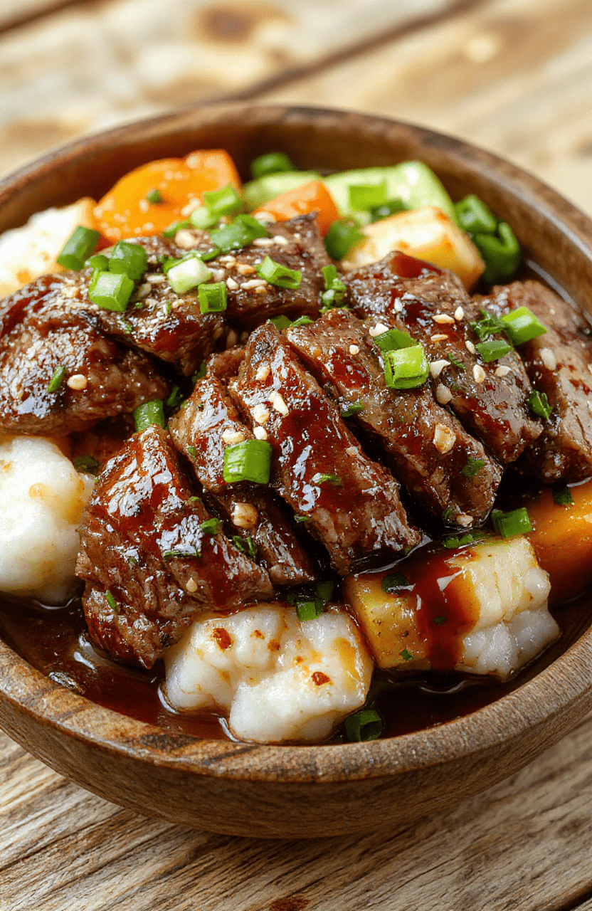 A vibrant hibachi steak bowl featuring sliced tender steak glazed with a savory sauce, served atop fluffy white rice with colorful steamed vegetables, garnished with green onions and sesame seeds, styled on a rustic wooden plate with a bright background.
