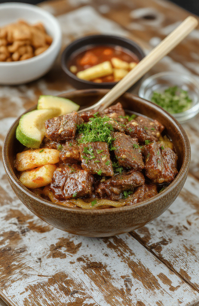 A vibrant Korean beef bowl served on a white plate garnished with chopped green onions and sesame seeds. The bowl contains tender, sliced beef in a savory sauce, accompanied by steamed rice and colorful vegetables like shredded carrots and sliced cucumbers. The dish is styled casually with a rustic wooden table background, highlighting the glossy beef, fresh garnishes, and textures of the ingredients with natural lighting.