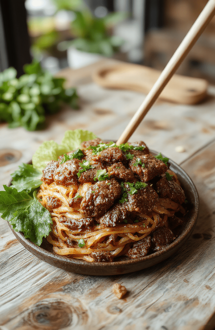 Vibrant bowl of Mongolian ground beef noodles with rich brown sauce, topped with green onions and sesame seeds, served on a rustic wooden table with chopsticks, colorful ingredients visible, textures of the tender beef and glossy noodles highlighted.